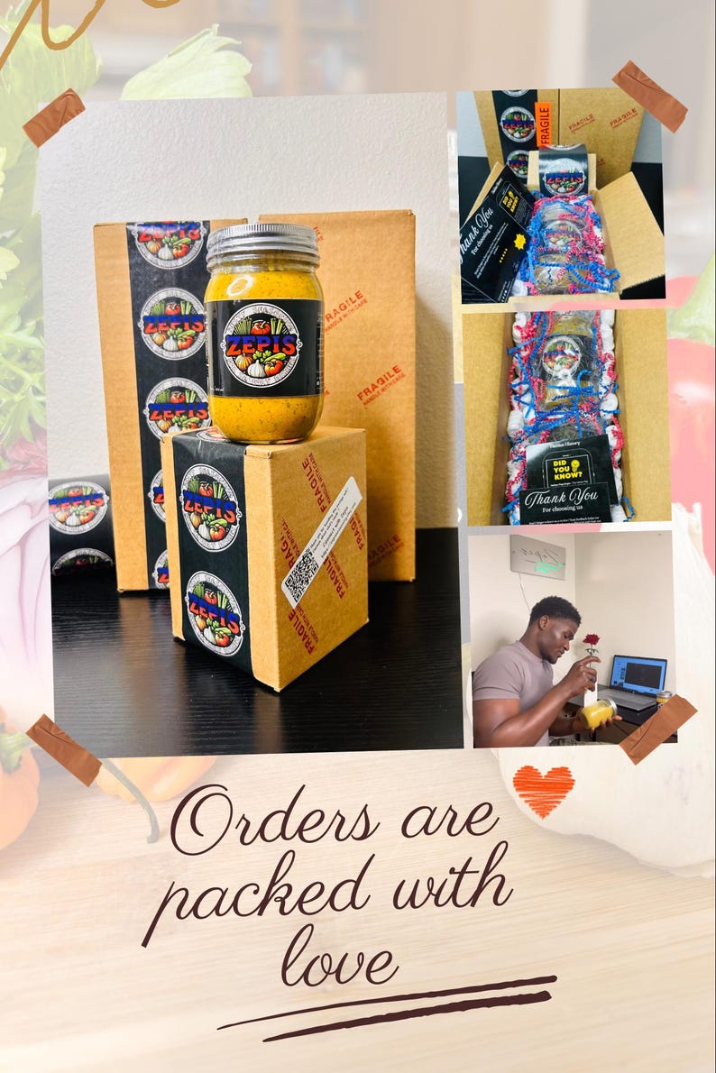 May include: A close-up of a jar of yellow sauce with a label that says "Zefis" and a red, white, and green logo. The jar is sitting on top of a brown box with the word "FRAGILE" printed on it. The box is surrounded by other brown boxes with the same label. The image also shows a person holding a similar jar of sauce and a laptop. The text "Orders are packed with love" is written on the bottom of the image.