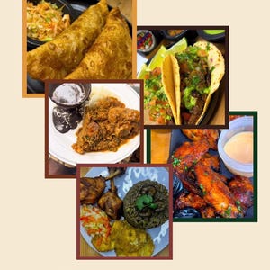May include: A collage of five different food dishes, including empanadas, tacos, chicken, rice, and wings. The text "MADE WITH ZEPIS" is at the top of the image. The text "Rich in flavor, bold taste. Just a spoon of Zepis away!" is at the bottom of the image.