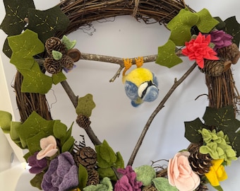 Enchanting 12″ Country-Style Felt Flower & Leaf Wreath with Hanging Needle-Felted Blue Tit • Cottagecore Garden Gift