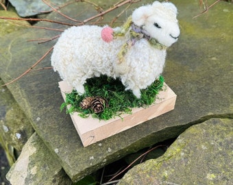 Handcrafted Needle Felted Sheep On Log Slice | Adorable Wool Sheep Figurine | Cute Farmhouse Decor or Gift