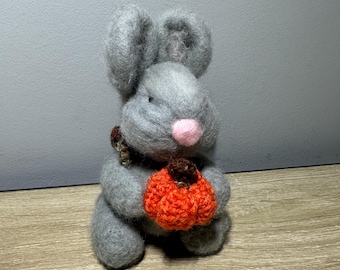 Handmade Needle Felted Wool Rabbit with Crochet Pumpkin