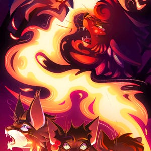 May include: A digital illustration featuring five stylized feline figures amidst swirling orange and yellow flames. Two large cats appear at the top in a confrontation, while three smaller cats are positioned below. The text Katsu-Chi is visible.