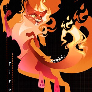 Pode incluir: Uma ilustra&ccedil;&atilde;o digital de um gato com pelo laranja e vermelho, rodeado por chamas estilizadas. O gato tem uma express&atilde;o feroz, uma cauda longa e almofadas cor-de-rosa. A palavra Fire est&aacute; impressa verticalmente &agrave; esquerda e Katsu-Chi em branco.