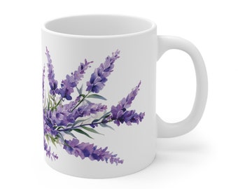 Tea Mug Lavender Flower Purple Coffee Cup Calming Cottage Dish, Laven der, La vender, Mother Gift Love Girlfriend Violet Leaves 11oz 15oz
