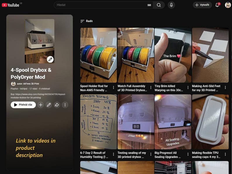 May include: YouTube screenshot featuring a 4-spool drybox and PolyDryer mod for 3D printing. The image shows a white box with multiple spools of filament in various colors. Text on the screen includes "4-Spool Drybox & PolyDryer Mod" and "Link to videos in product description."