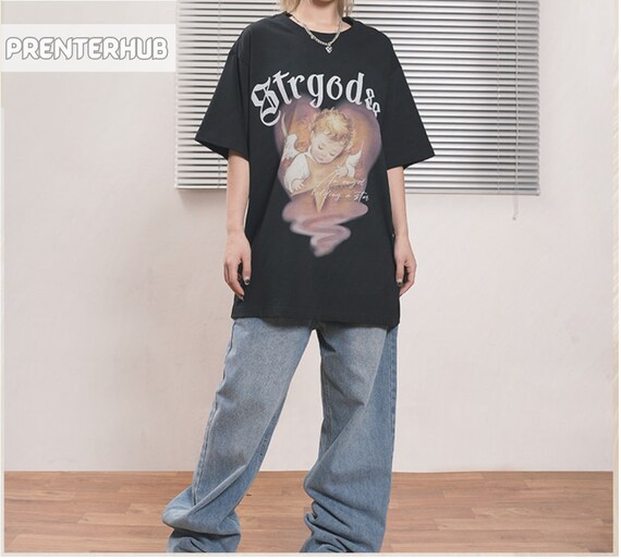 エンジェルプリントTシャツ：ユニセックスレトロY2Kストリートスタイル 
