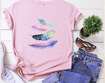 Feather Print Organic Cotton T-Shirt: Women's Slim Fit Tee