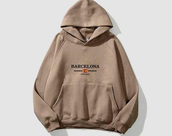 Felpa con cappuccio Barcelona España: pullover oversize da uomo con fodera in pile di lana