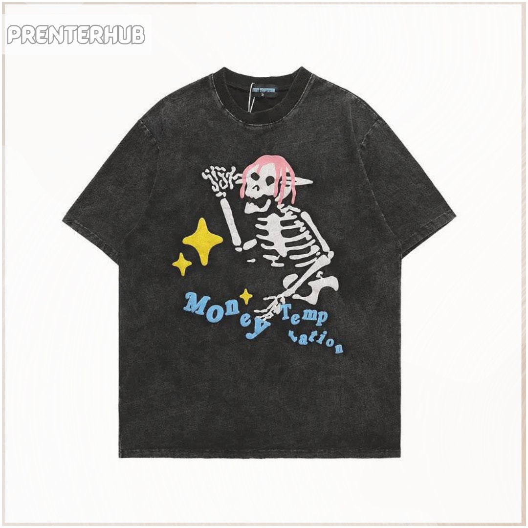 Money Temptation Unisex T-shirt, Washed Skull Print Short