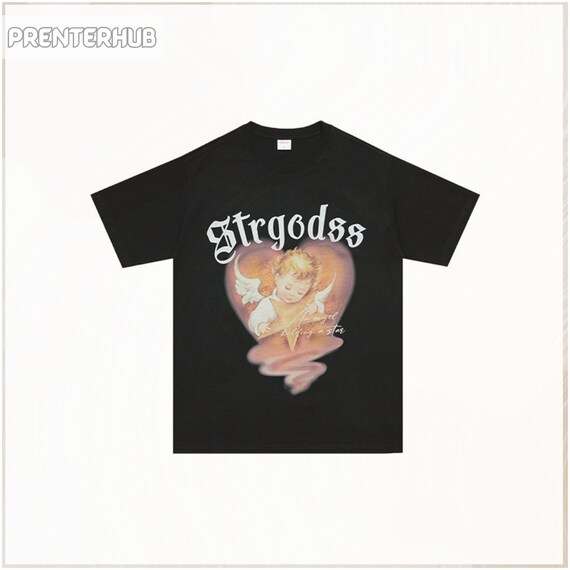 エンジェルプリントTシャツ：ユニセックスレトロY2Kストリートスタイル 
