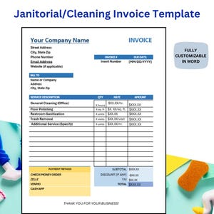 May include: A blue and white printable invoice template for a cleaning service business. The template includes sections for the company name, billing information, service description, quantity, rate, amount, payment method, subtotal, discount, tax, and total. The template is fully customizable in Microsoft Word.