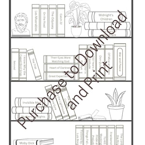 Puede incluir: Una ilustración en blanco y negro de una estantería con 30 de las mejores novelas clásicas. La estantería está dividida en cuatro estantes, cada uno con una planta. El estante superior tiene el título "30 Greatest Classic Novels".
