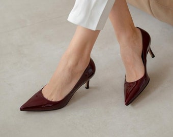 Bordeaux Echtleder Damen Schuh, Hochwertige Lackleder Schuhe, High Heels, Echtleder Ausgezeichneter Schuh, Luxusgeschenk