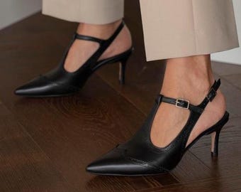 Black Leather High Heel Shoes, Handmade Stilettos