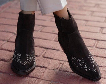 Brown Suede Leather Boots, Studded Women's Ankle Boots