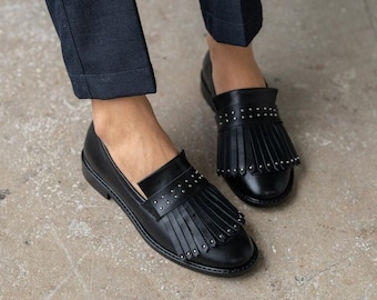 Chaussure femme mocassin en cuir véritable noir, chaussures en cuir mocassin de haute qualité, talons hauts, chaussure en cuir véritable, cadeau de luxe pour elle