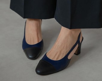 Chaussures femme en cuir véritable bleu marine, chaussures en cuir de haute qualité, talons normaux, excellentes chaussures en cuir véritable, chaussures délicates, cadeau de luxe pour elle