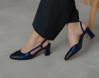 Chaussures femme en cuir véritable bleu marine, chaussures en cuir de haute qualité, talons normaux, excellentes chaussures en cuir véritable, chaussures délicates, cadeau de luxe pour elle