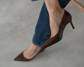 Chaussures femme marron en cuir verni véritable, chaussures en cuir verni de haute qualité, talons hauts, excellentes chaussures en cuir véritable, cadeau de luxe