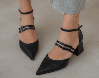 Chaussures femme en cuir véritable noir, chaussures en cuir de haute qualité, talons normaux, cuir véritable de haute qualité, chaussures délicates, cadeau de luxe pour elle