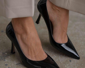 Handmade Black Patent Leather Stiletto Heels, Women's Luxury Shoes