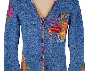 Amano Womens Blue 100% Wool Knit Flower Tulips Button Cardigan Sweater Size S/M in Bolivia