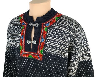 Nordstrikk Mens Black/Ivory Wool Knitted Clasps Classic Fair Isle Norwegian Ski Sweater Pullover Size L