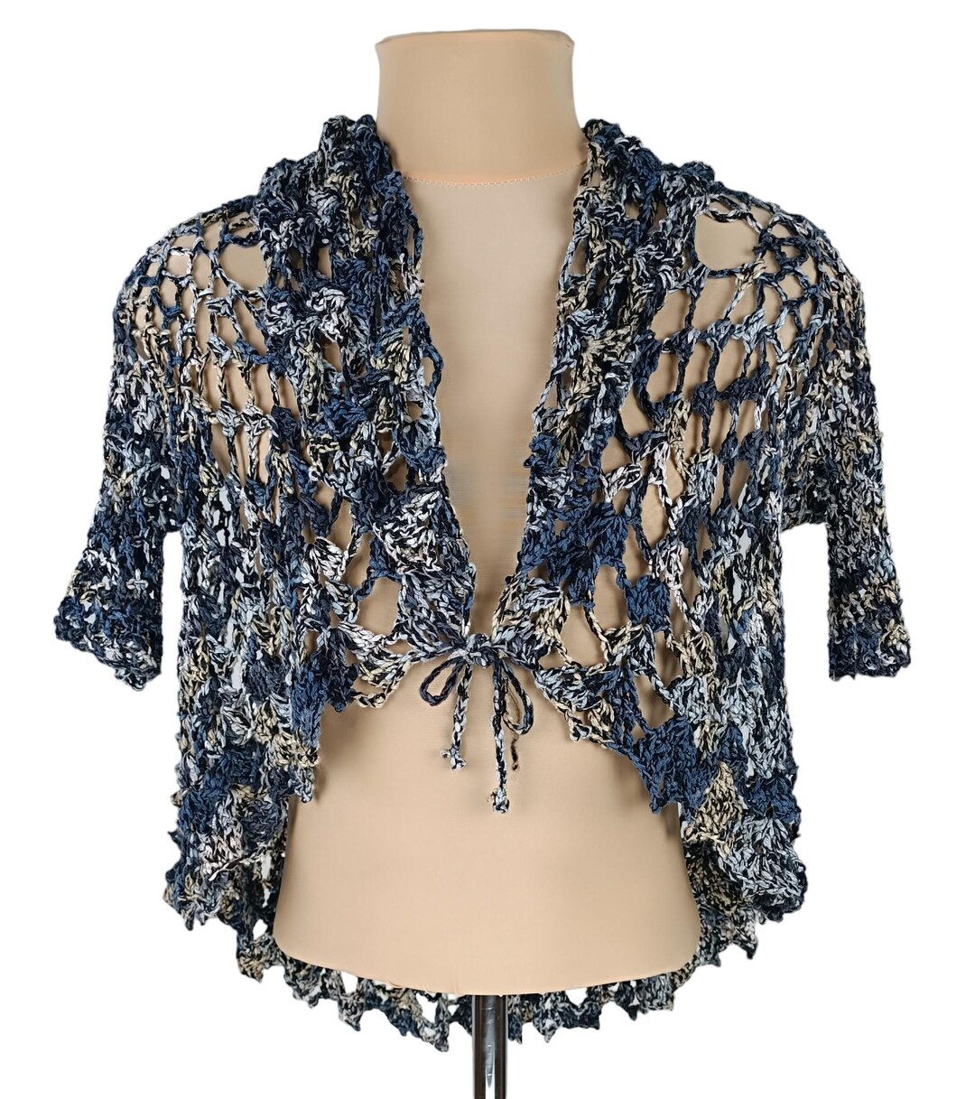 Save the Queen Womens Blue Open Knit Short Sleeve Lace up Bolero