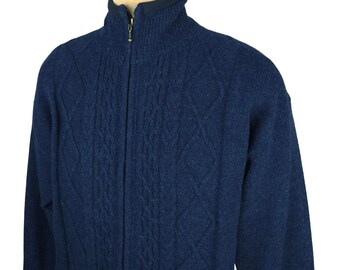 Aran Woollens Mills Mens Cardigan: Dark Blue Irish Wool Cable Knit Lined Size XL