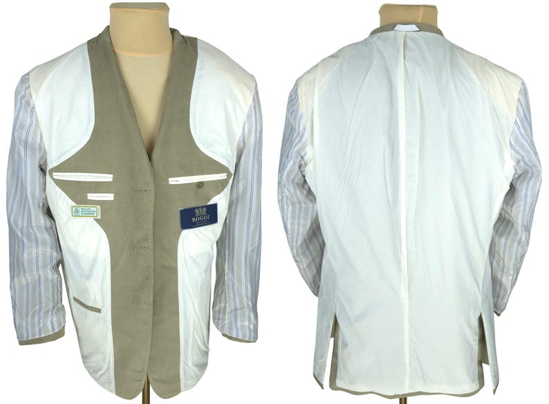 May include: A tan blazer displayed on a mannequin, showcasing the interior construction. The jacket features a white lining, striped sleeves, and two small labels. The back view reveals the lining and construction details.