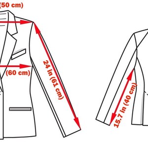 May include: Line drawing of a blazer with measurements. The shoulder width is 19.7 inches (50 cm), chest is 23.6 inches (60 cm), and sleeve length is 24 inches (61 cm). The back length is 30.7 inches (78 cm).