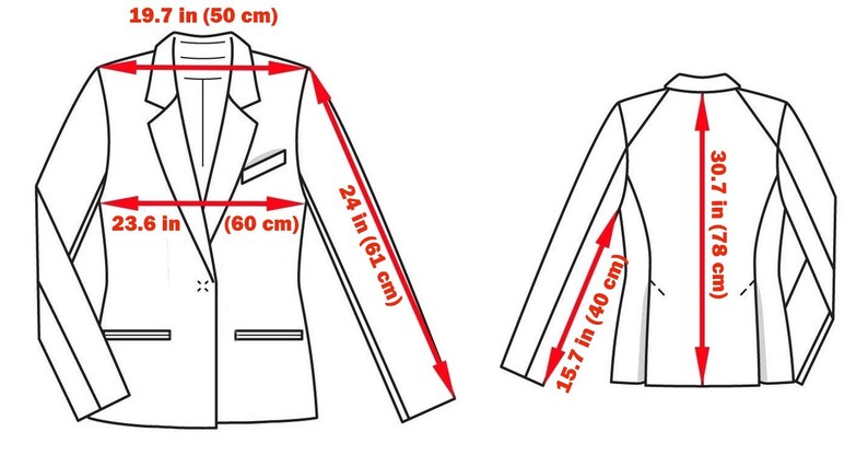 May include: Line drawing of a blazer with measurements. The shoulder width is 19.7 inches (50 cm), chest is 23.6 inches (60 cm), and sleeve length is 24 inches (61 cm). The back length is 30.7 inches (78 cm).