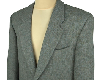 Vintage Bhs Harris Tweed Mens Green/Blue Wool Blazer Jacket Size 42 in Long
