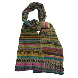 May include: A colorful scarf with a geometric pattern. The scarf features a variety of colors, including pink, yellow, teal, and black. The scarf is made of a soft material and is perfect for keeping warm in the winter.