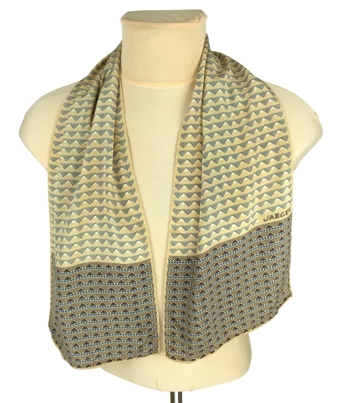 Vintage Jaeger Silk Scarf Geometric Triangle Print Beige 25x114 cm, foto 2 di 5