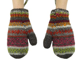 Pachamama Womens Wool Hand Knit Fair Isle Pattern Fleece Lined Mittens One Size