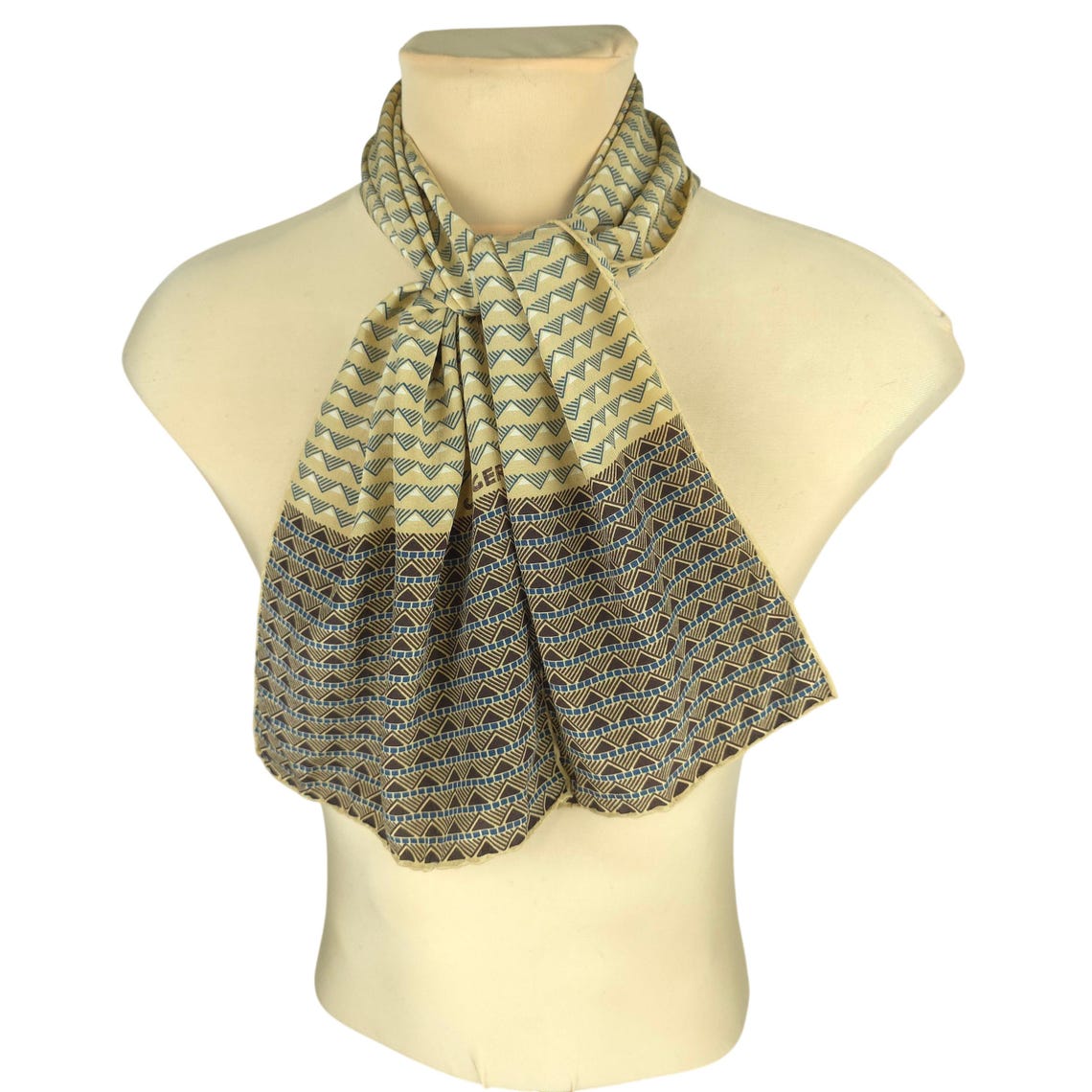 Vintage Jaeger Silk Scarf Geometric Triangle Print Beige 25x114 cm, foto 1 di 5