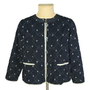 Könnte beinhalten: Eine dunkel marineblaue Steppjacke mit einem weißen Rautensteppmuster und kleinen weißen Blumenmotiven in jeder Raute. Die Jacke hat einen Rundhalsausschnitt, eine Knopfleiste mit fünf Knöpfen und zwei Vordertaschen mit weißer Einfassung.
