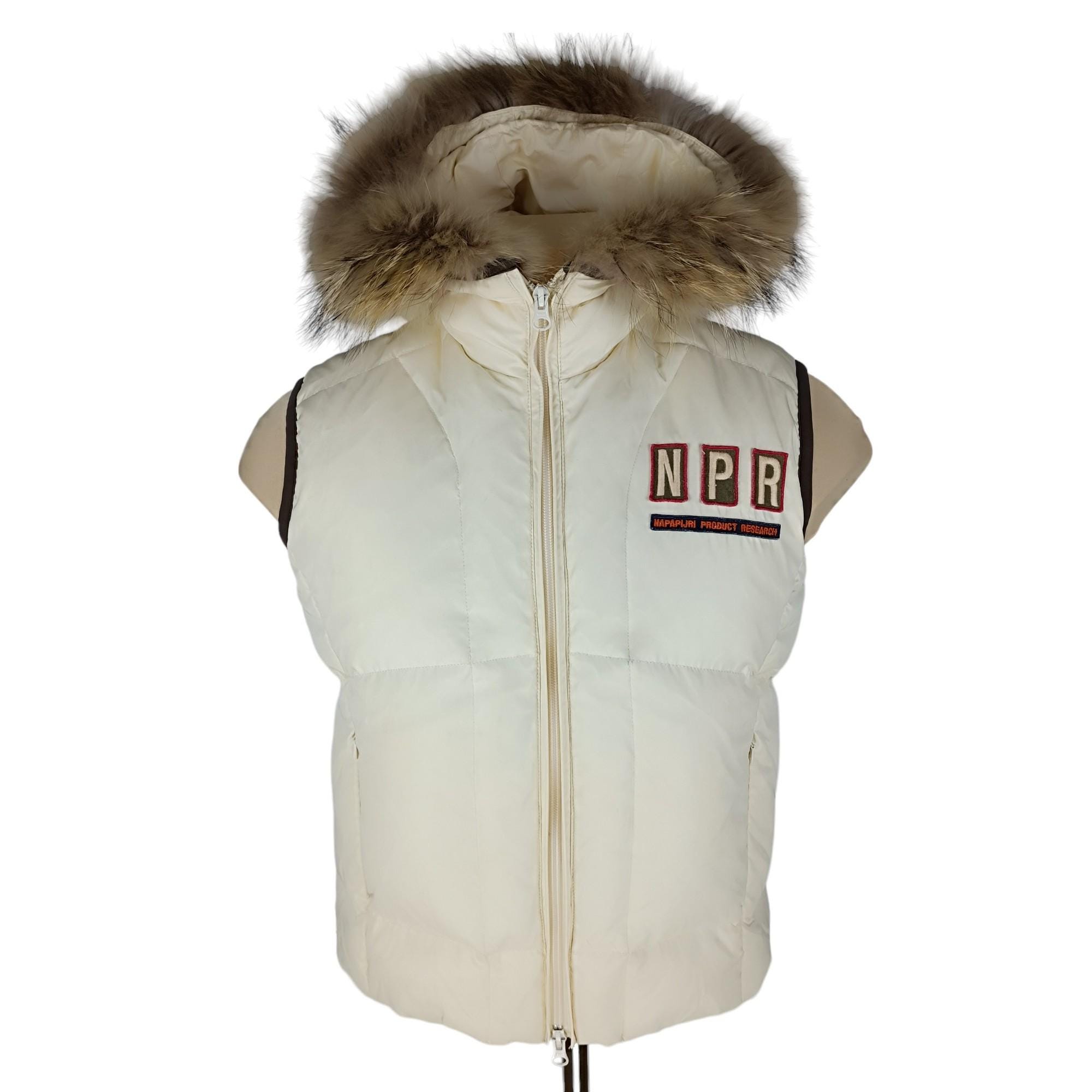 Napapijri, Vintage Napapijri Women Vest Ivory Down Feathers Filled Full Zip Hooded Waistcoat Size S