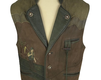 Chaleco de hombre Solo die Tracht, talla L, de cuero marrón y gamuza, estilo bávaro Oktoberfest.
