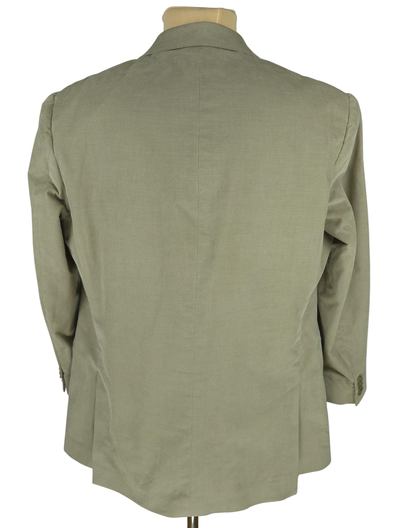 May include: Back view of a light green blazer. The blazer has a notched lapel, two buttons on the sleeves, and a two-button closure. The fabric has a subtle vertical texture. The blazer is displayed on a mannequin.