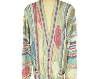 Cardigan vintage anni '90 COOGI Classic Australia 100% pura seta lavorato a maglia 3D, taglia XL