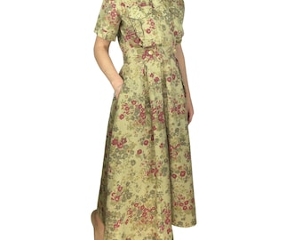 Vestido vintage Mulberry England de lino con estampado floral beige y manga corta para mujer, talla M