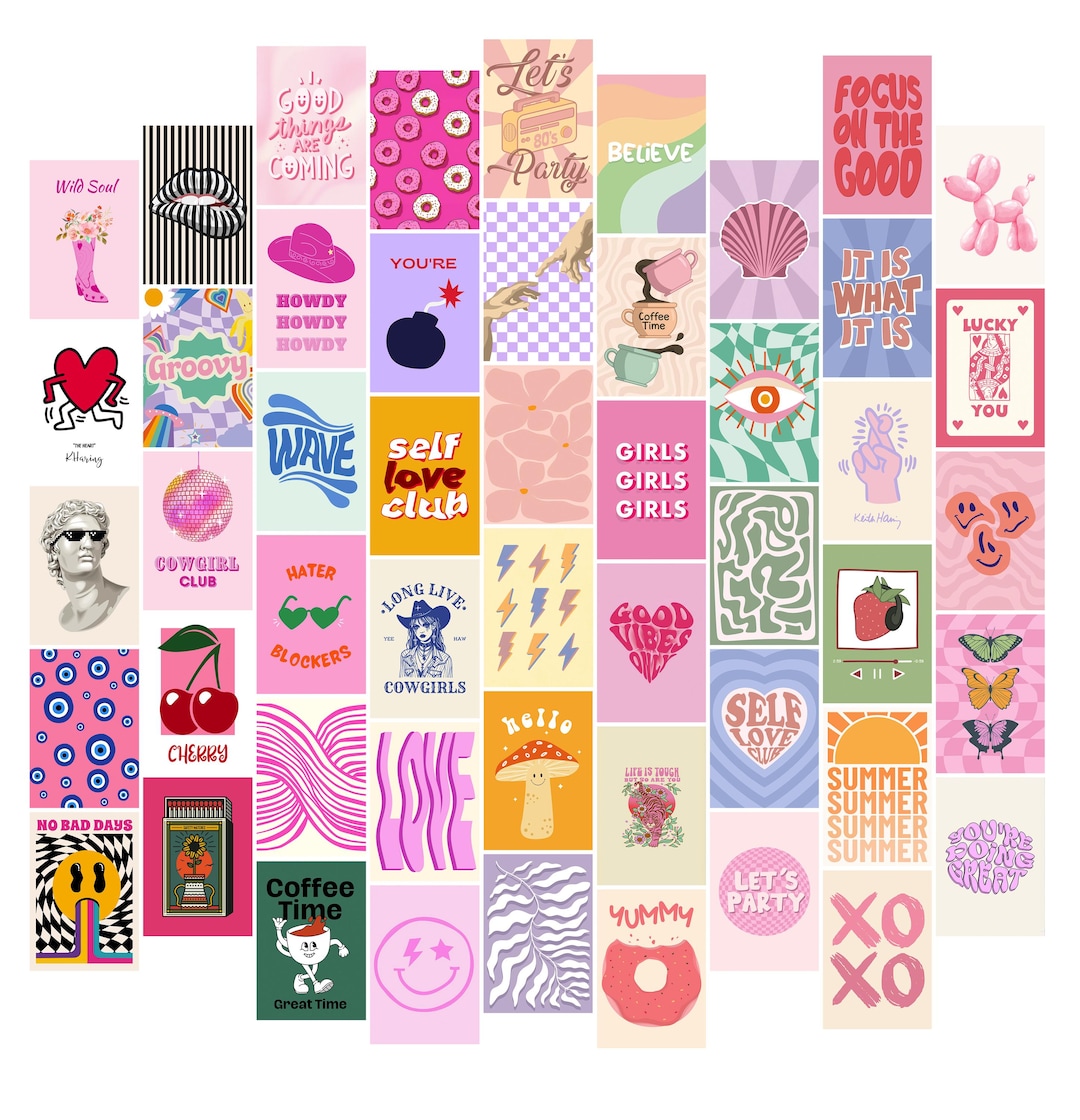 Preppy Aesthetic Poster Set Trendy Wall Art Prints, Pink, Pastel Colors