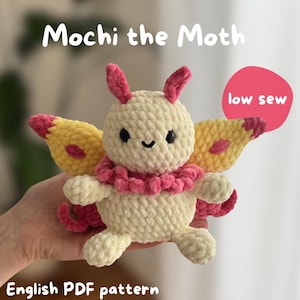May include: A handmade plush moth toy named "Mochi the Moth" with a cream-colored body, pink and yellow wings, and a pink ruffled collar. The text "low sew" and "English PDF pattern" are also visible.