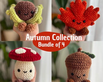 Autumn plushie collection crochet pattern bundle - 4 amigurumi patterns: acorn, maple leaf, chestnut and toadstool plushies