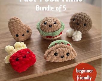 Mini Fast Food bundle - 5 in 1 crochet pattern amigurumi plushie - no-sew cheeseburger, fries, drumstick, nugget, low-sew taco cute food