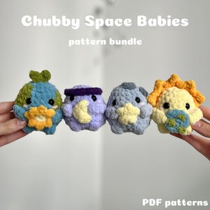 May include: A collection of four crocheted space-themed plushies. The plushies are in the shape of a planet, moon, and sun, with the text "Chubby Space Babies pattern bundle" and "PDF patterns". The plushies are in shades of blue, yellow, purple, and green.