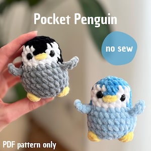Puede incluir: Dos juguetes de pingüino de ganchillo, uno gris y negro, el otro azul y blanco. El texto "Pocket Penguin" está encima de los juguetes, con "no sew" y "PDF pattern only" también visibles.