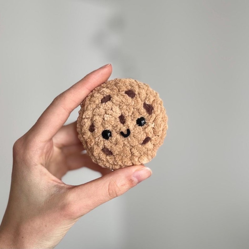May include: A crocheted cookie with a smiling face and chocolate chip details. The plush toy is light brown with darker brown spots and black eyes. The cookie is held in a hand against a neutral background.